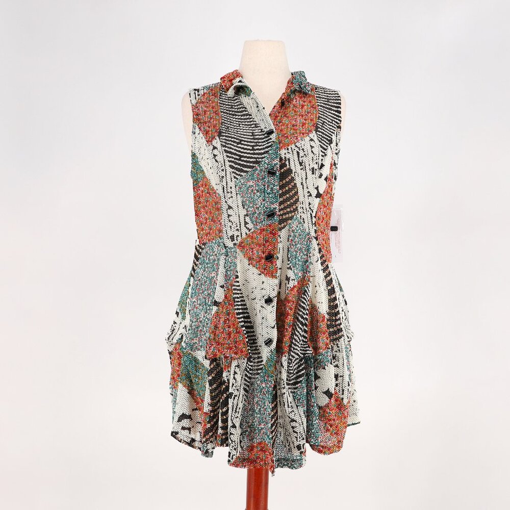 NWT IC BY CONNIE K Patchwork Inspired Lagenlook Sleeveless Tunic Vest Size L